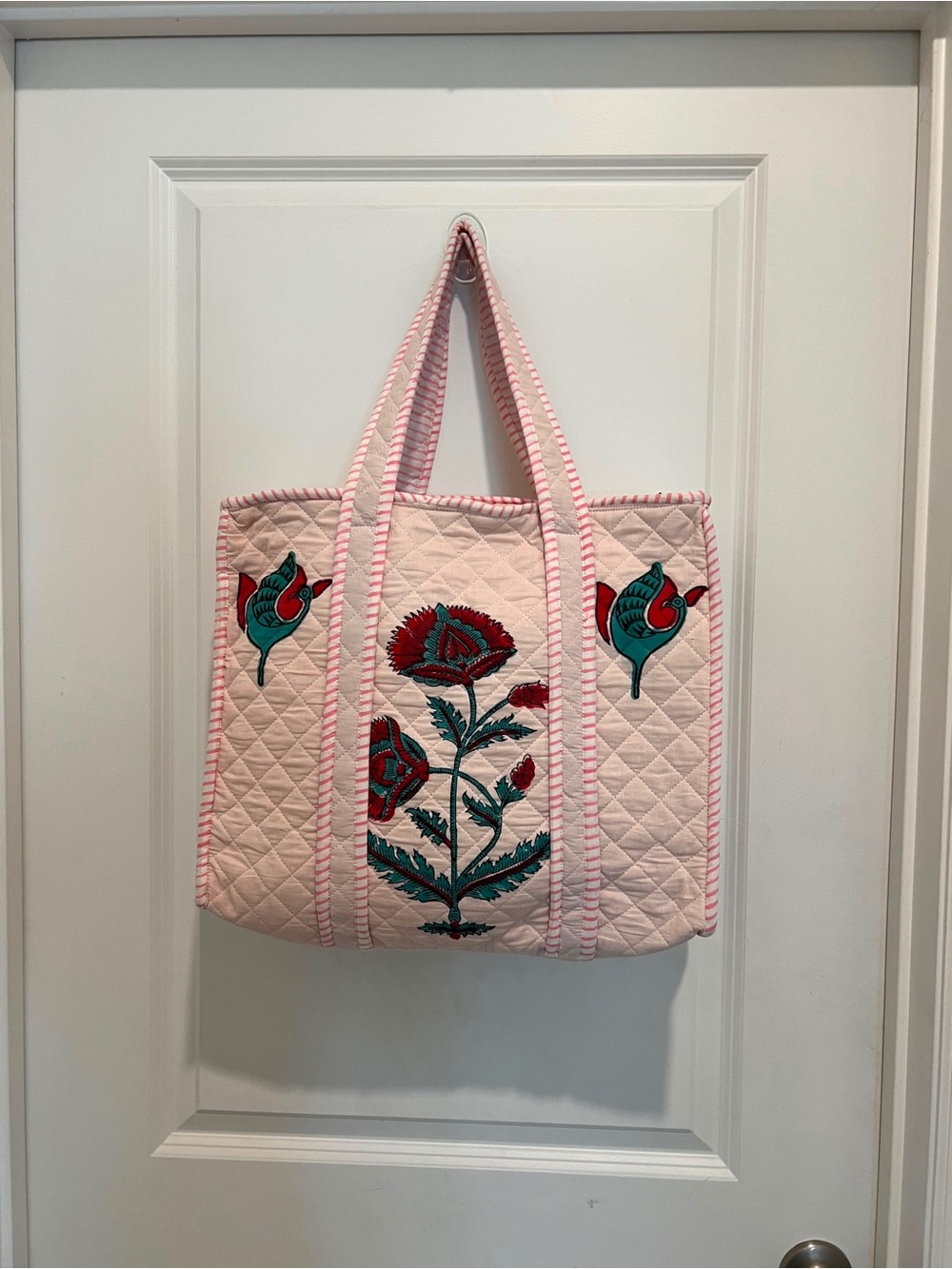 Quilted Pink Floral Tote Bag - Hand-Embroidered Design
